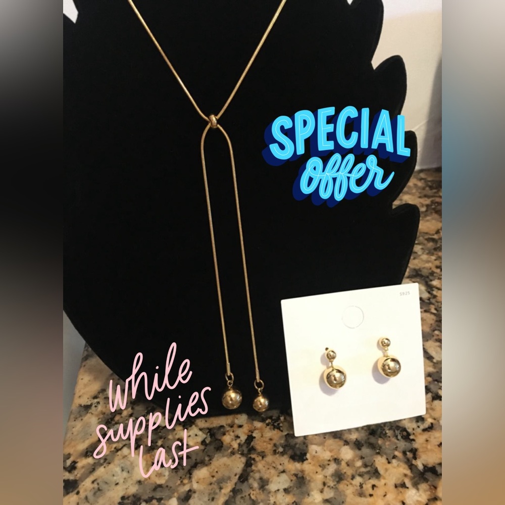 Adjustable Length Golden Bead Necklace and Earrings